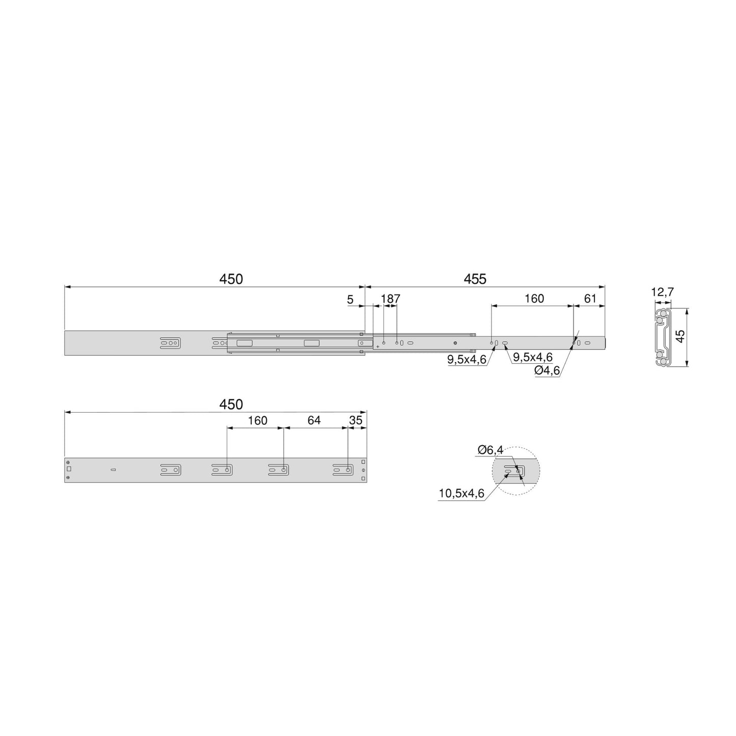Kit Guide per cassetti, a sfera, estrazione totale, sistema push, chiusura soft, 45 mm.