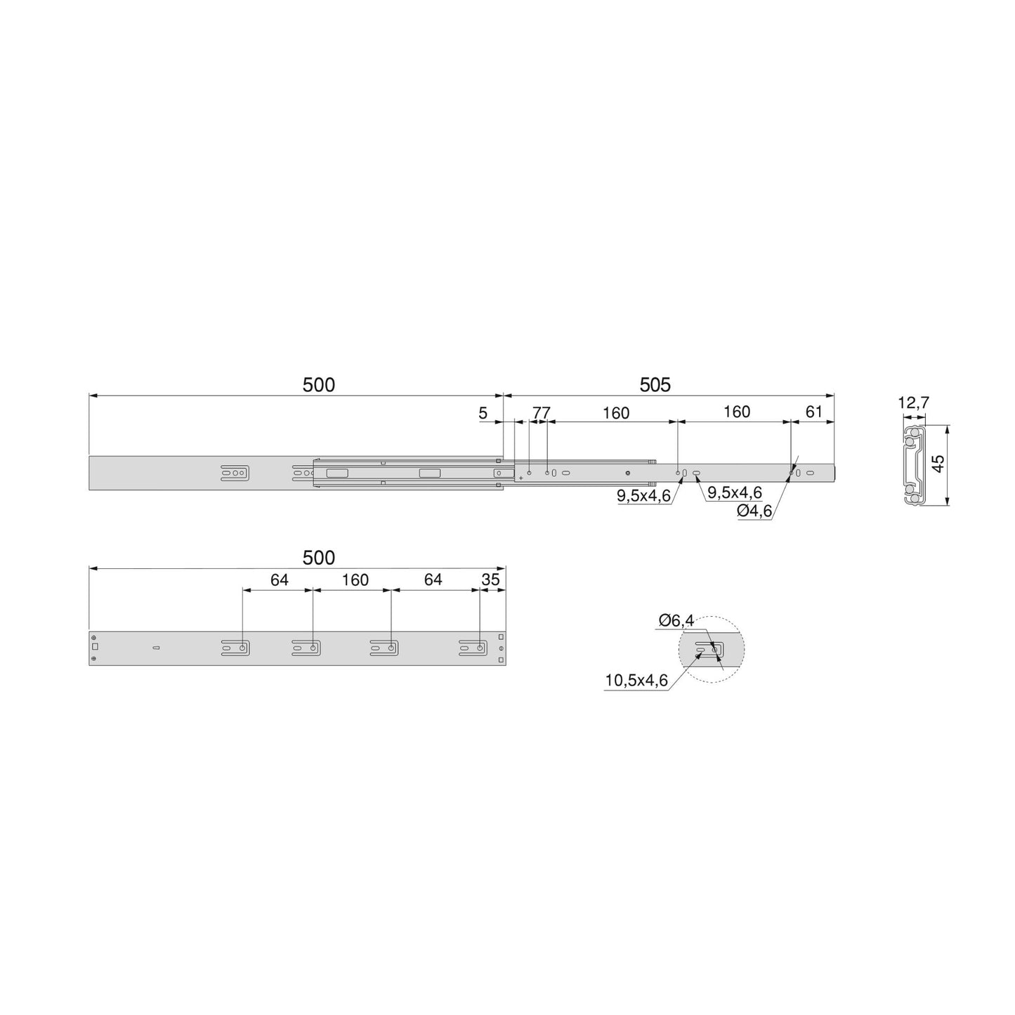 Kit Guide per cassetti, a sfera, estrazione totale, sistema push, chiusura soft, 45 mm.