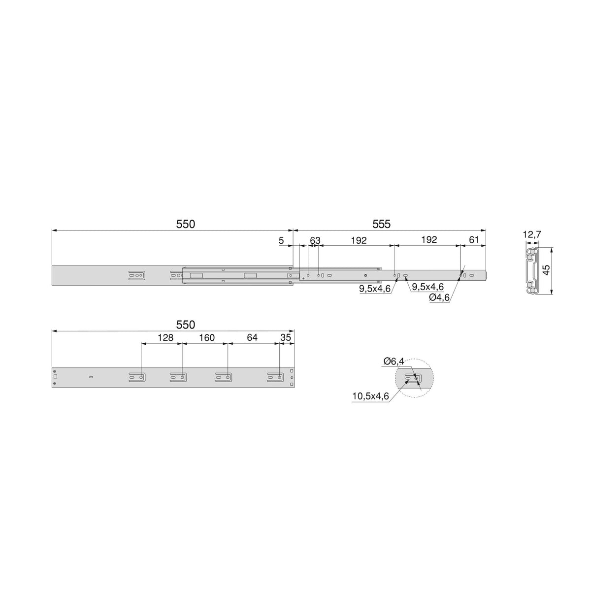 Kit Guide per cassetti, a sfera, estrazione totale, sistema push, chiusura soft, 45 mm.