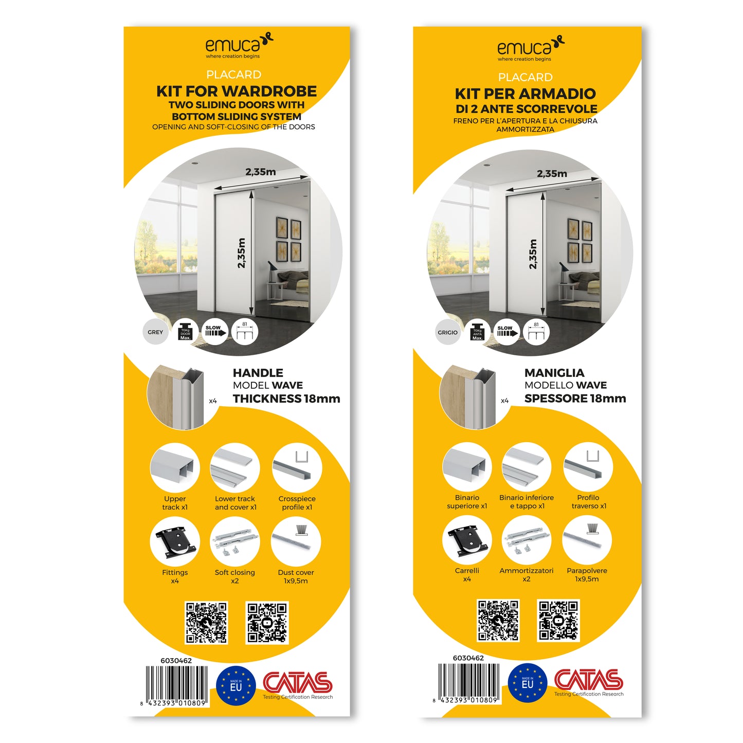 Sistema scorrevole per armadio 2 ante a scorrimento inferiore Placard con profili Wave e chiusura soft