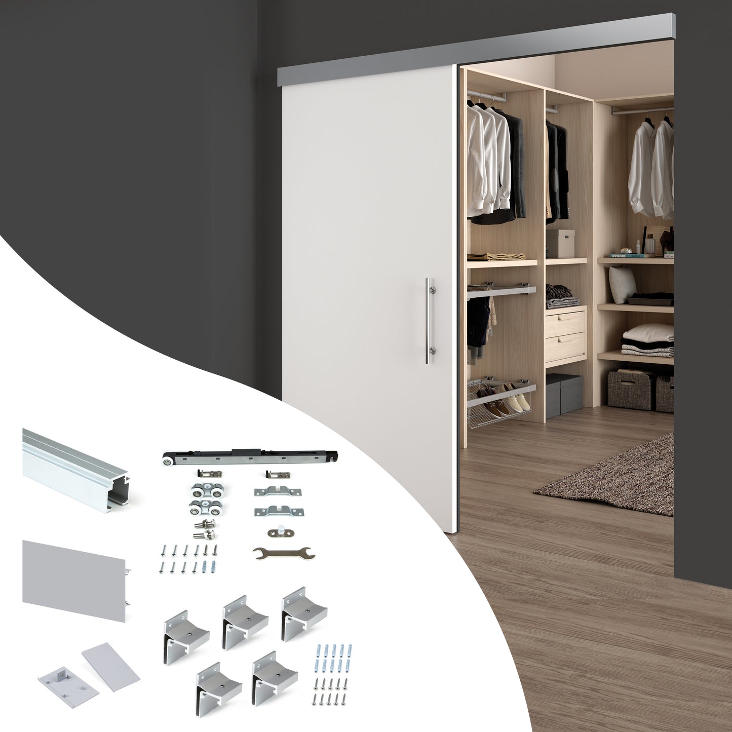 Sistema Railway per ante scorrevoli sospese in legno con chiusura soft
