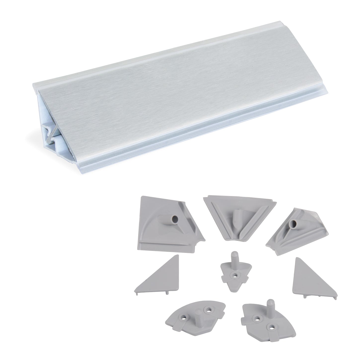 Alzatina triangolare per cucina Plasline con accessori per installazione.