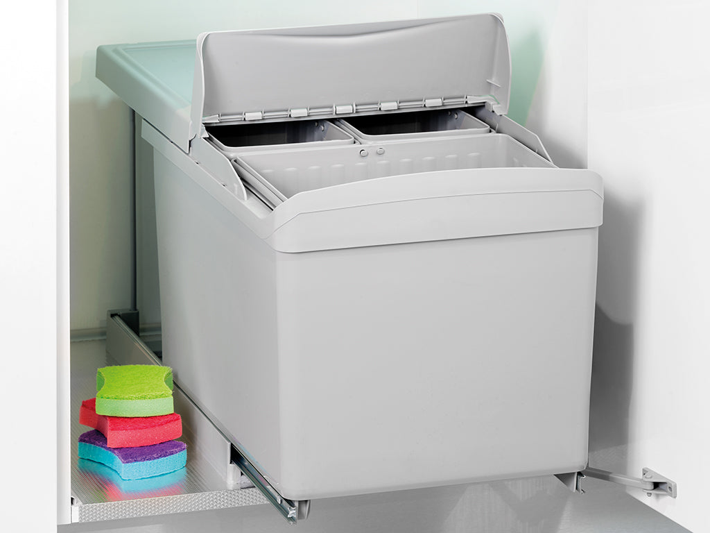 Pattumiere per raccolta differenziata per cucina, 1 x 16L + 2 x 7,5L, fissaggio inferiore, estrazione automatica.