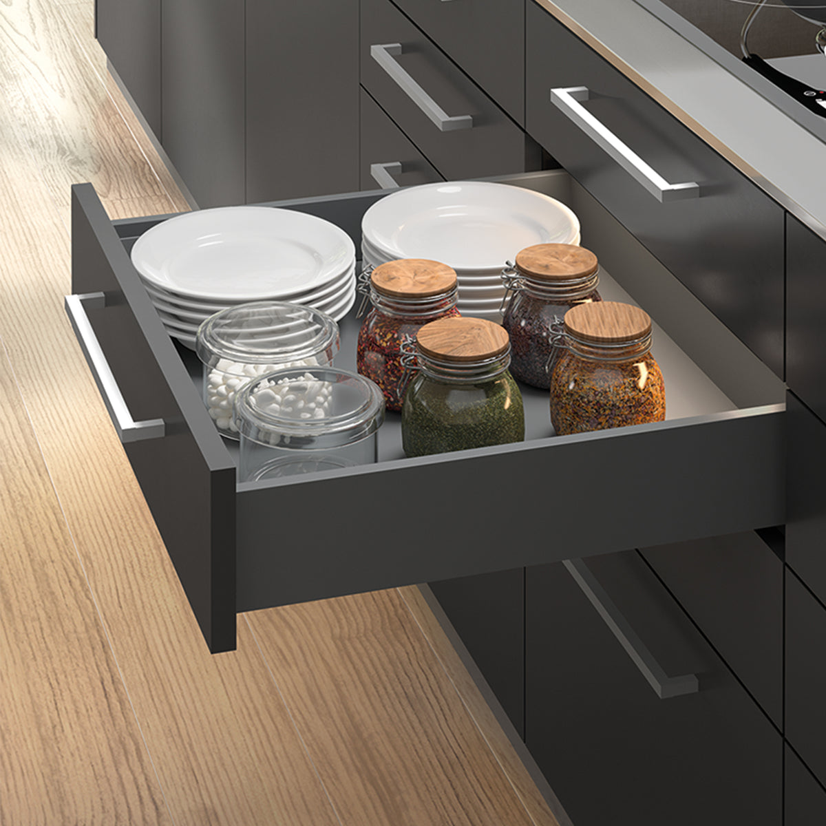 Kit cassetto per cucina o bagno Vertex di altezza 93mm con pannelli inclusi e regolazione 3D
