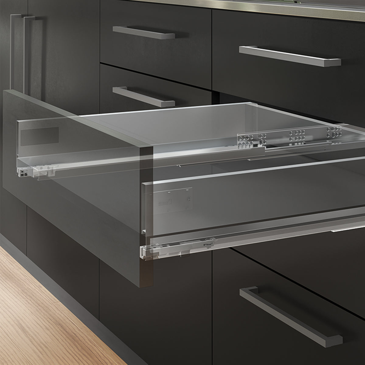 Kit cassetto per cucina o bagno Vertex di altezza 93mm con pannelli inclusi e regolazione 3D
