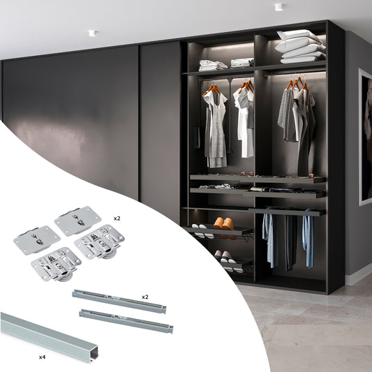 Sistema Flow in formato kit per armadio a 2 ante scorrevoli in legno supportate con chiusura ammortizzata