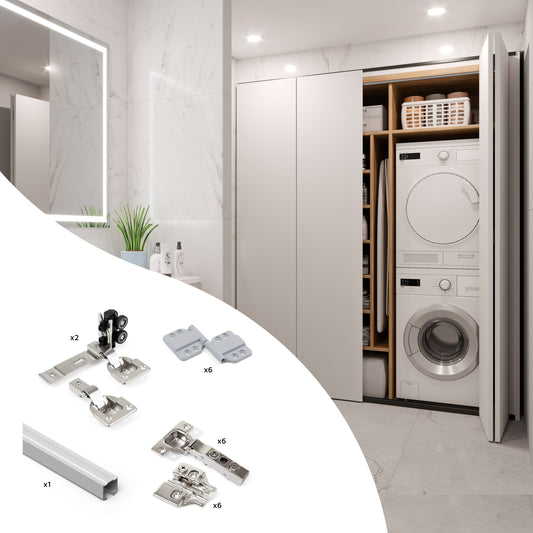 Sistema Twofold in formato kit per 2 ante scorrevoli in legno pensili e pieghevoli con chiusura ammortizzata