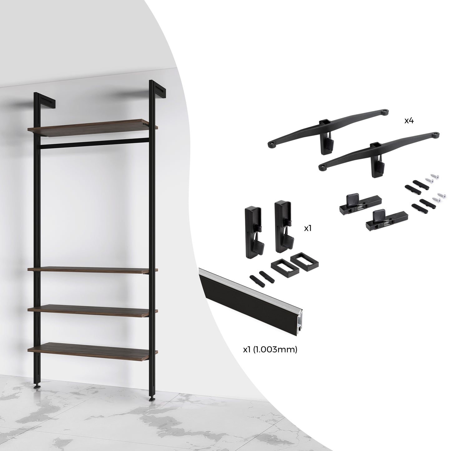 Kit Zero di supporti per mensole in legno e barra appendiabiti