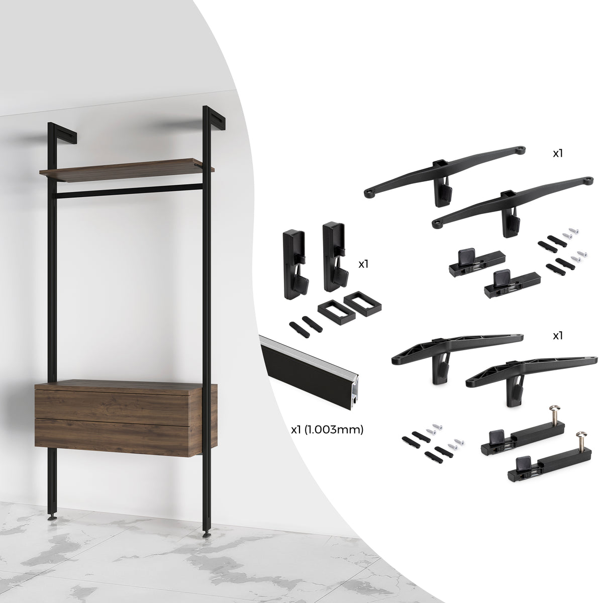 Kit Zero di supporti per mensole in legno, modulo e barra appendiabiti