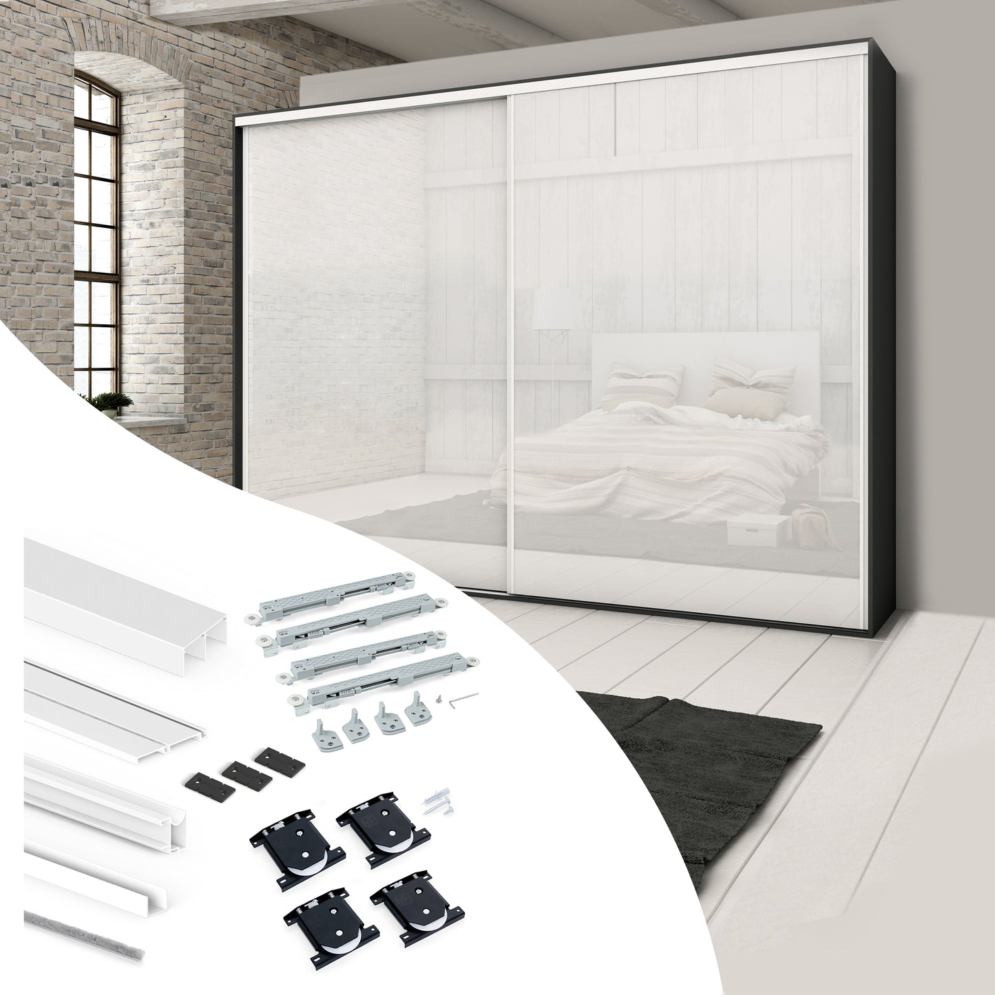 Sistema scorrevole per armadio 2 ante a scorrimento inferiore Placard 74 con profili Wave e chiusura soft