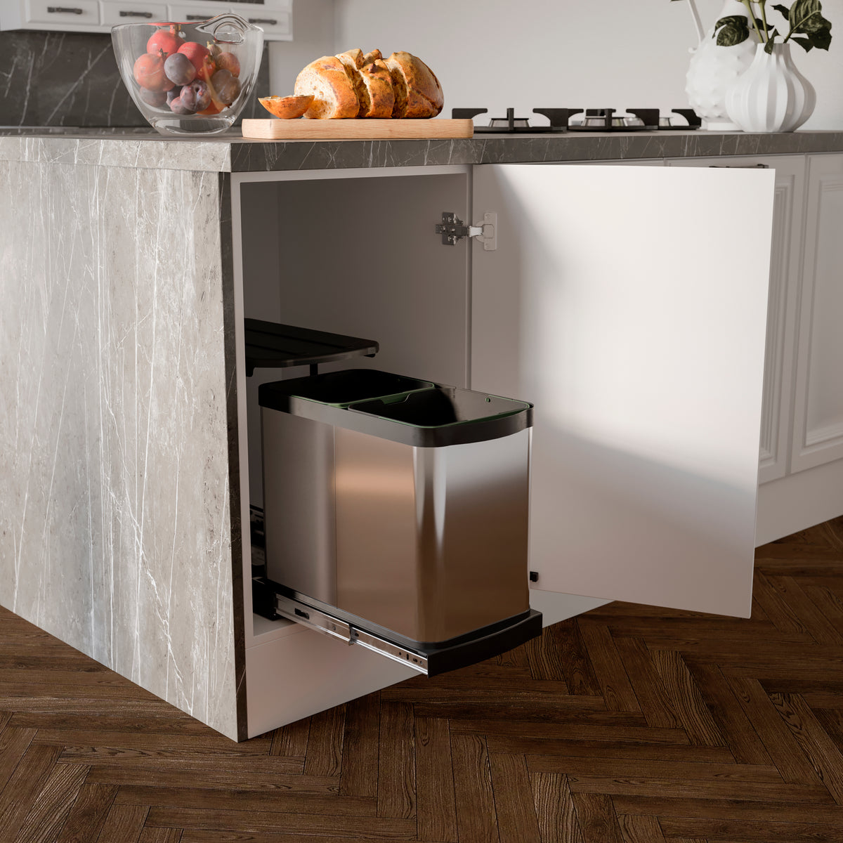 Pattumiere per differenziata Recycle Inox da cucina, 2 x 12 L, fissaggio sul fondo ed estrazione manuale/automaticamente