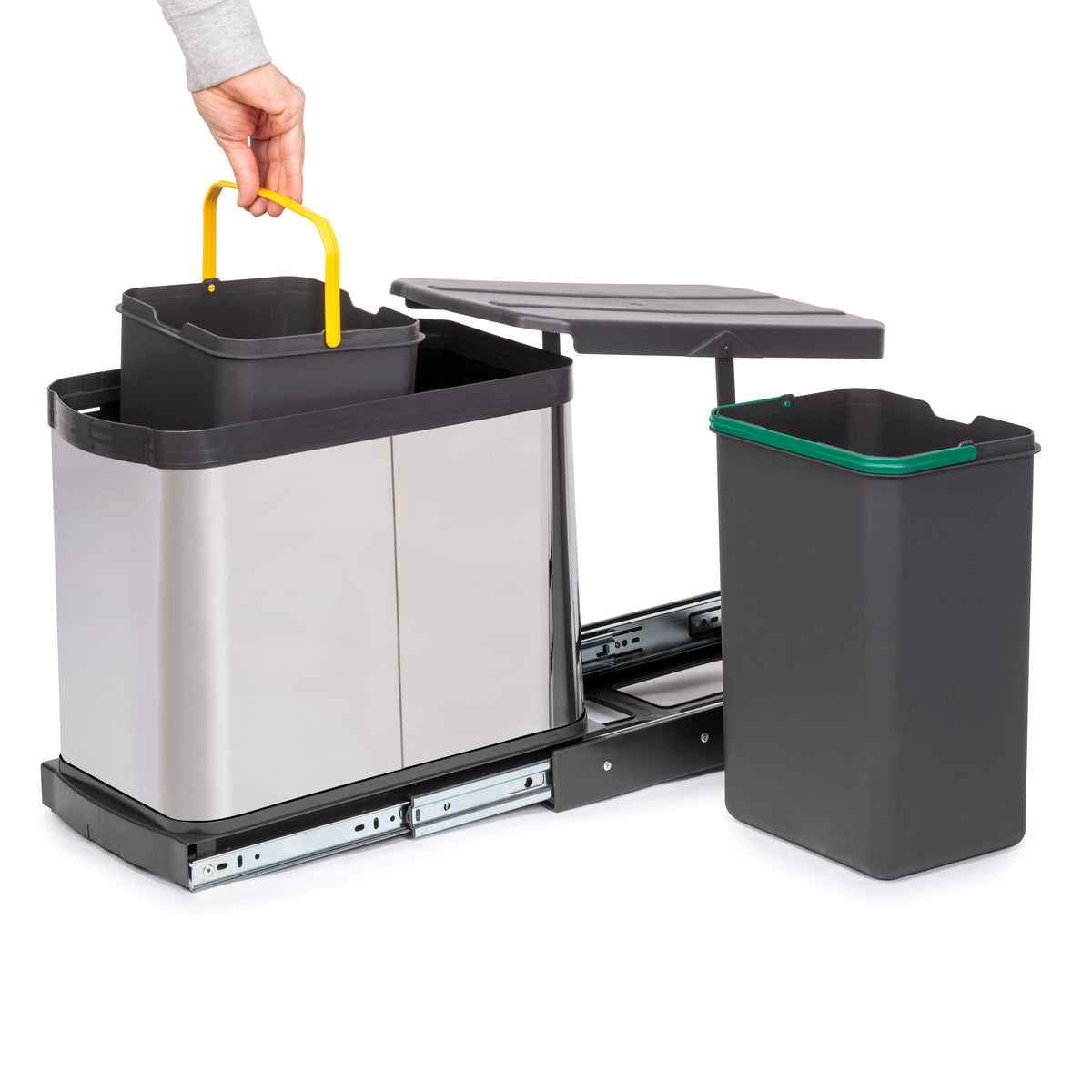 Pattumiere per differenziata Recycle Inox da cucina, 2 x 12 L, fissaggio sul fondo ed estrazione manuale/automaticamente