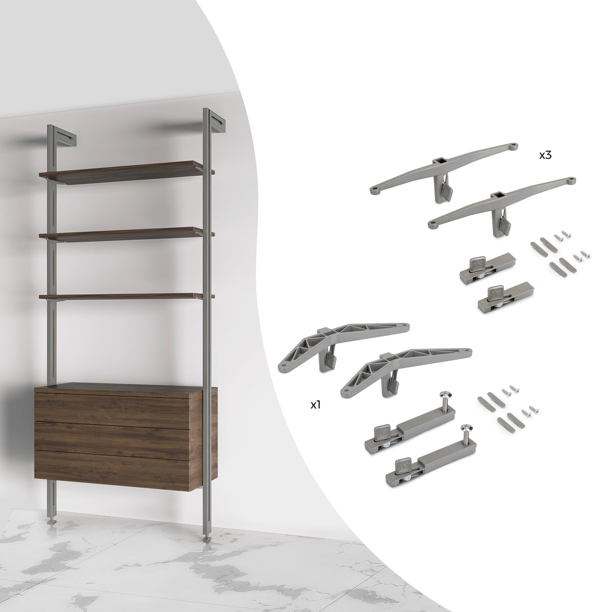 Kit Zero di supporti per mensole in legno e moduli
