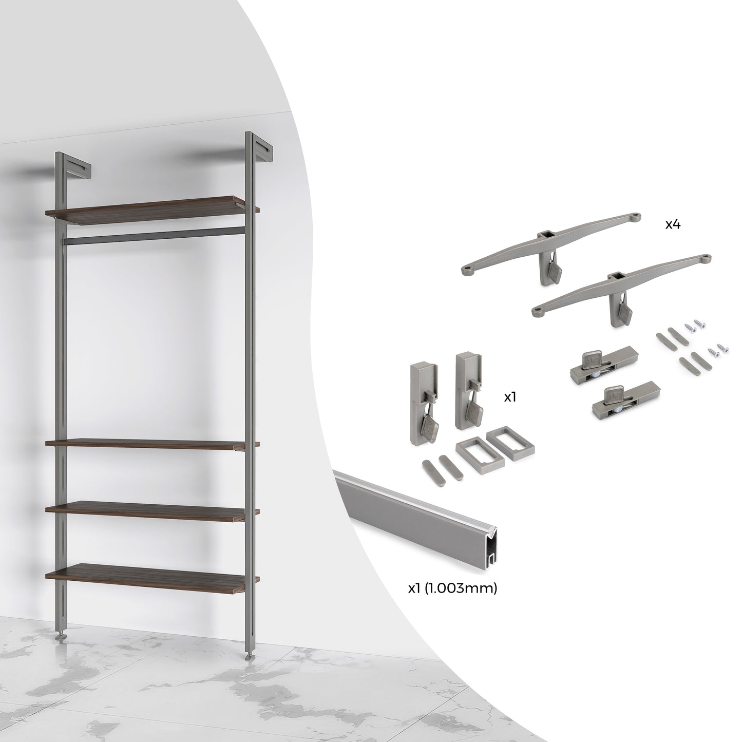 Kit Zero di supporti per mensole in legno e barra appendiabiti
