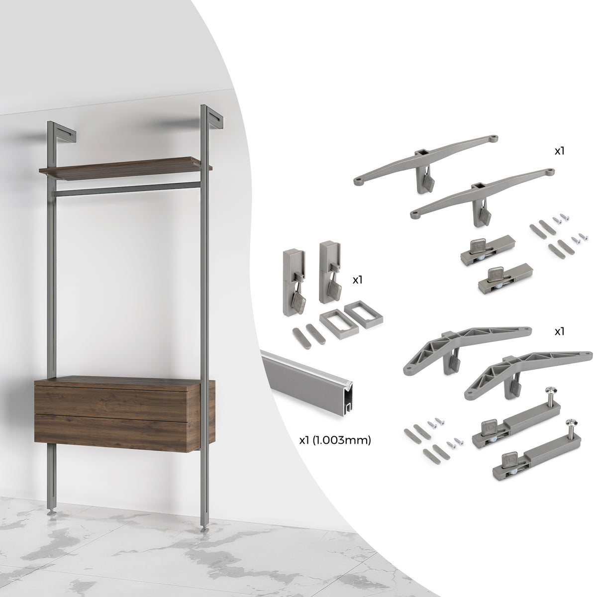 Kit Zero di supporti per mensole in legno, modulo e barra appendiabiti