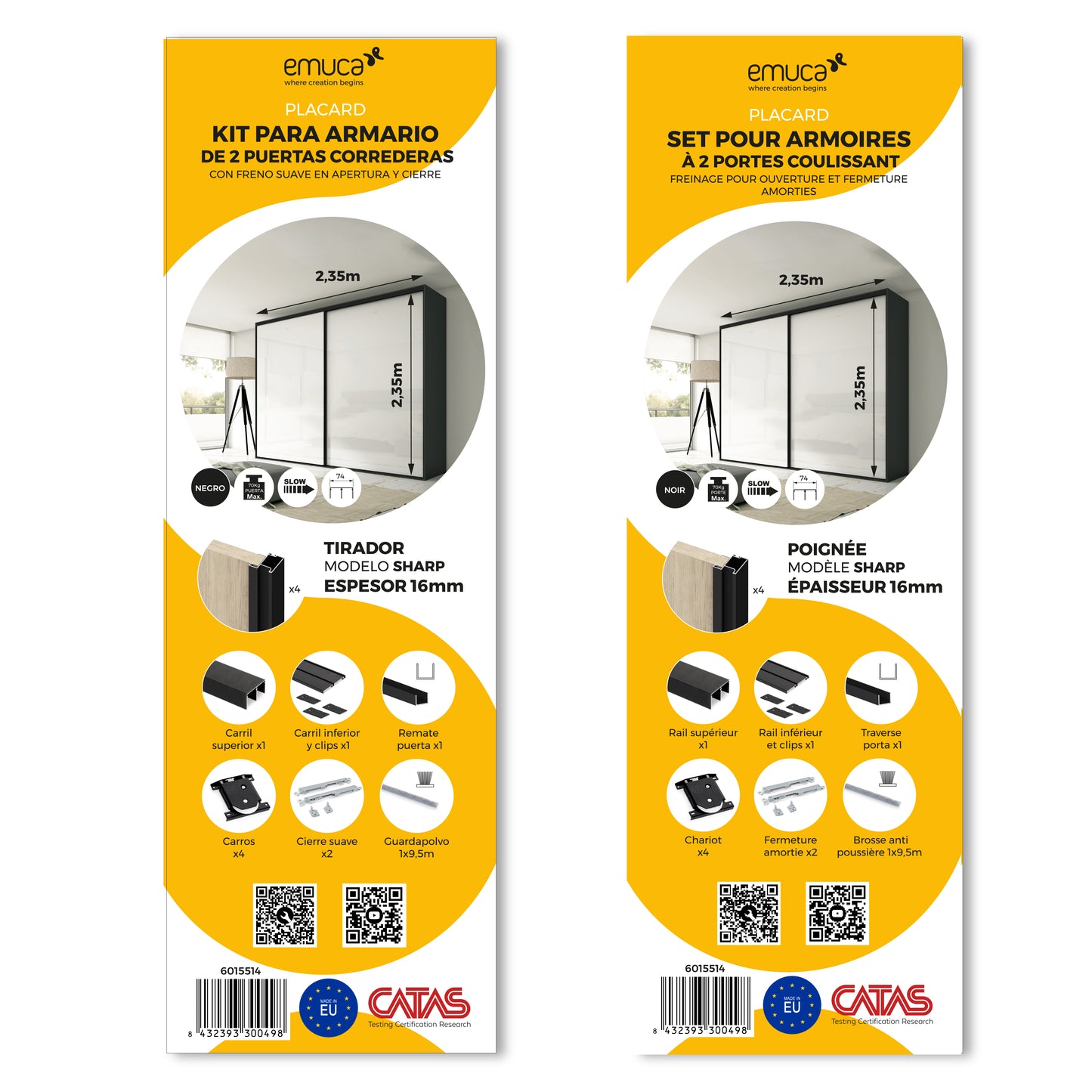 Sistema scorrevole per armadio 2 ante a scorrimento inferiore Placard 74 con maniglia Sharp e chiusura soft