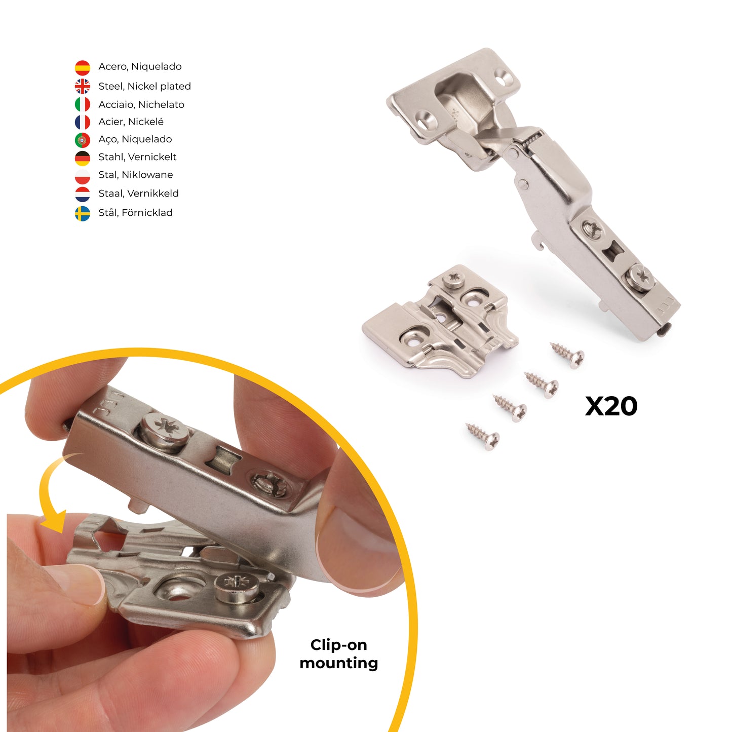 Kit cerniera mezzo collo X92 con chiusura ammortizzata e basette per vite