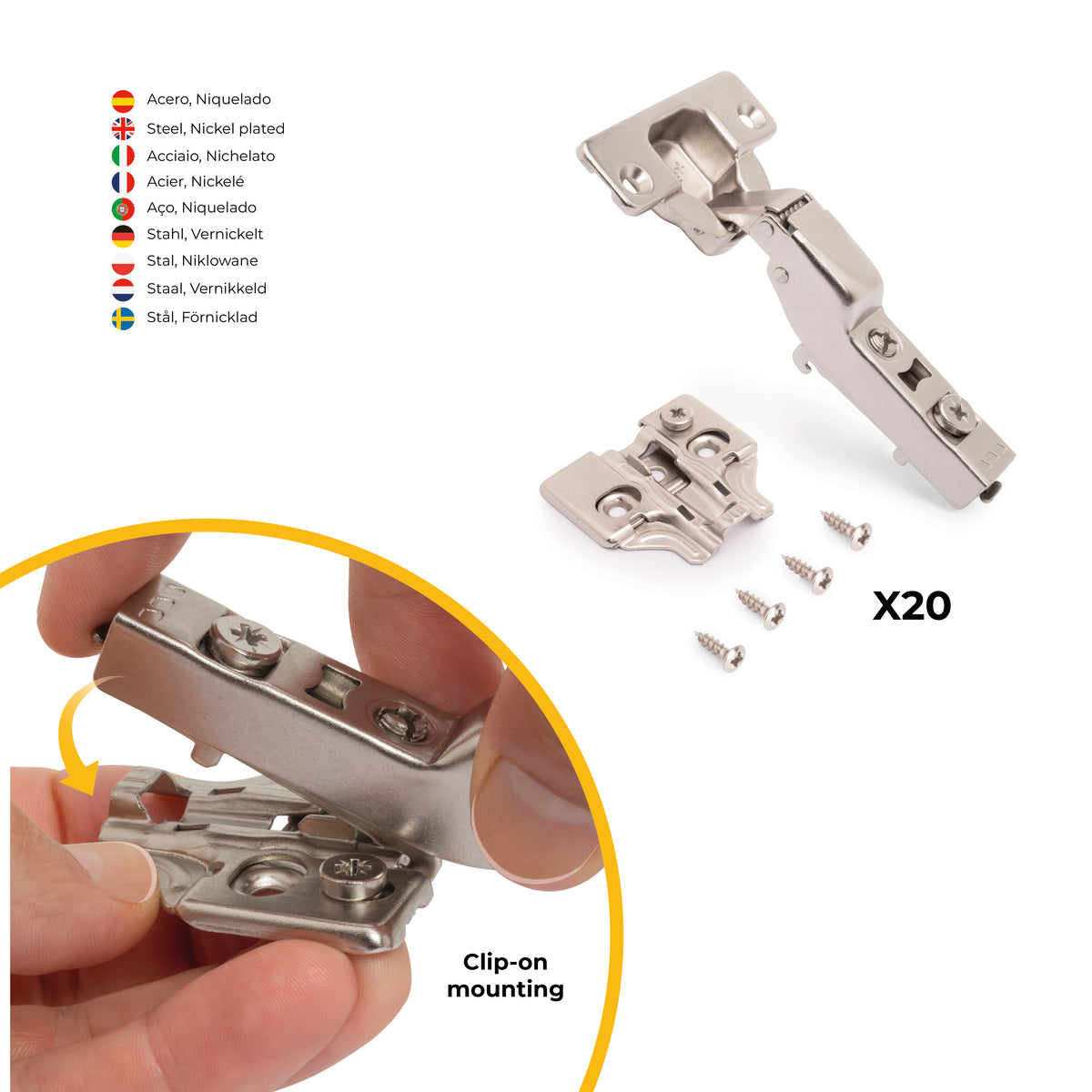 Kit cerniera mezzo collo X92 con chiusura ammortizzata e basette per vite