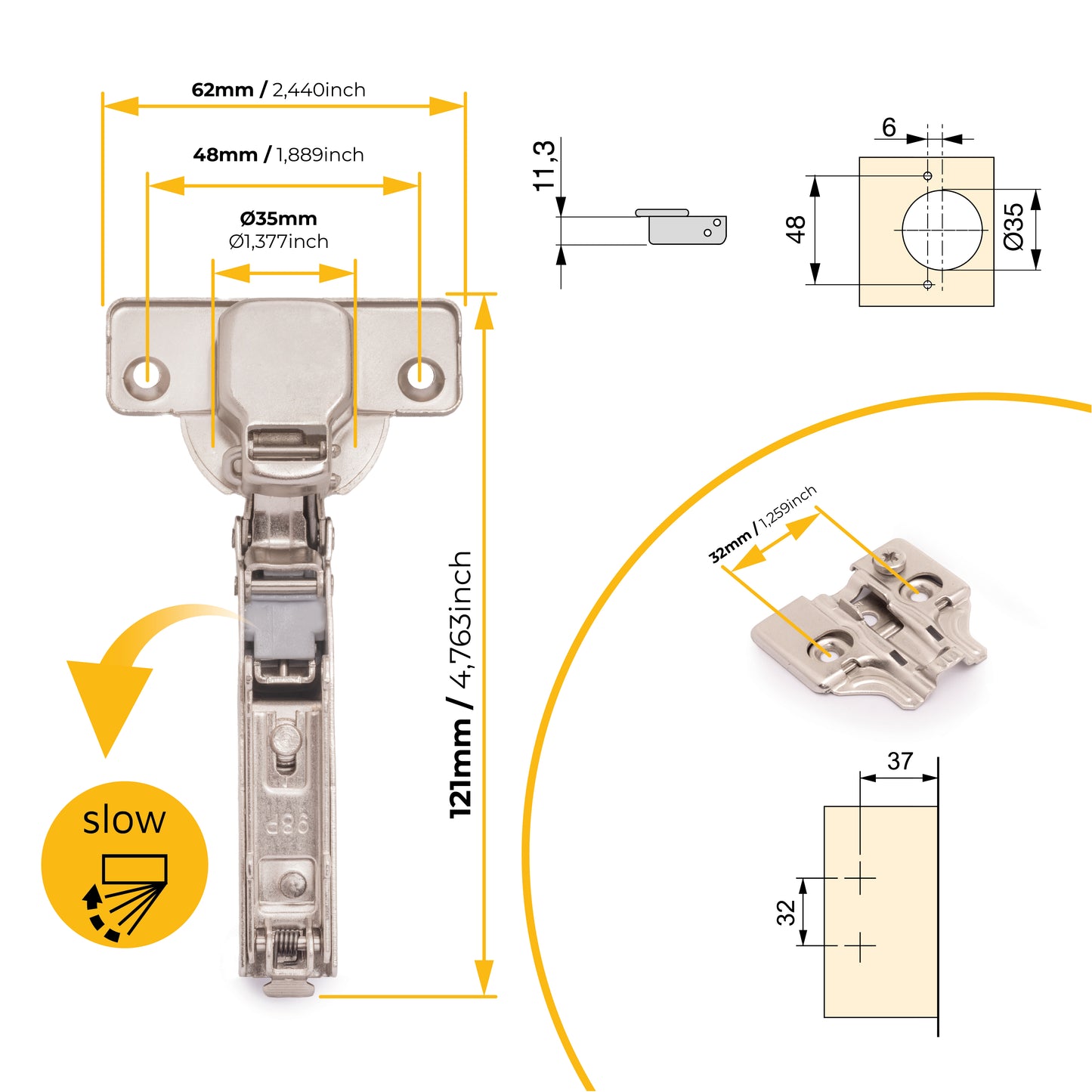 Kit cerniera mezzo collo X92 con chiusura ammortizzata e basette per vite