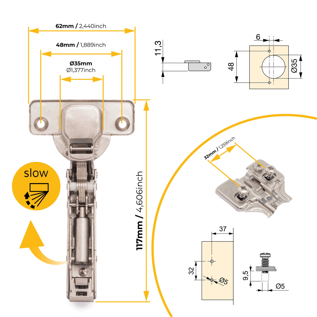 Kit cerniera collo dritto X91 con chiusura ammortizzata e basetta