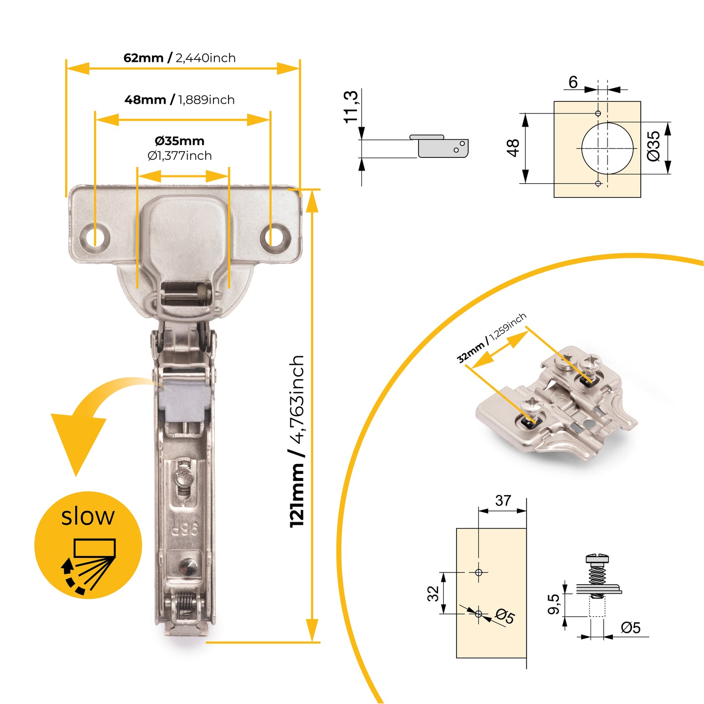 Kit cerniera collo dritto X92 con chiusura ammortizzata e basetta
