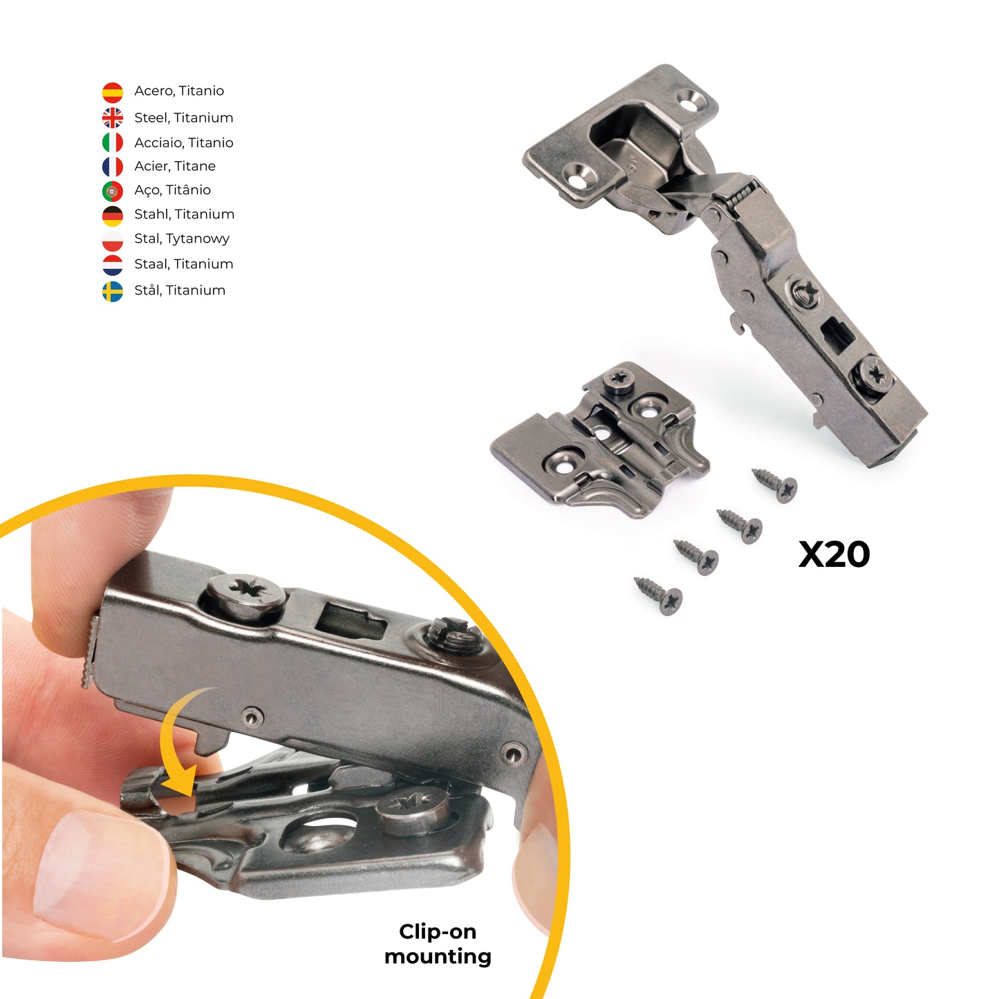 Kit cerniera mezzo collo X91 con chiusura ammortizzata, basette per vite