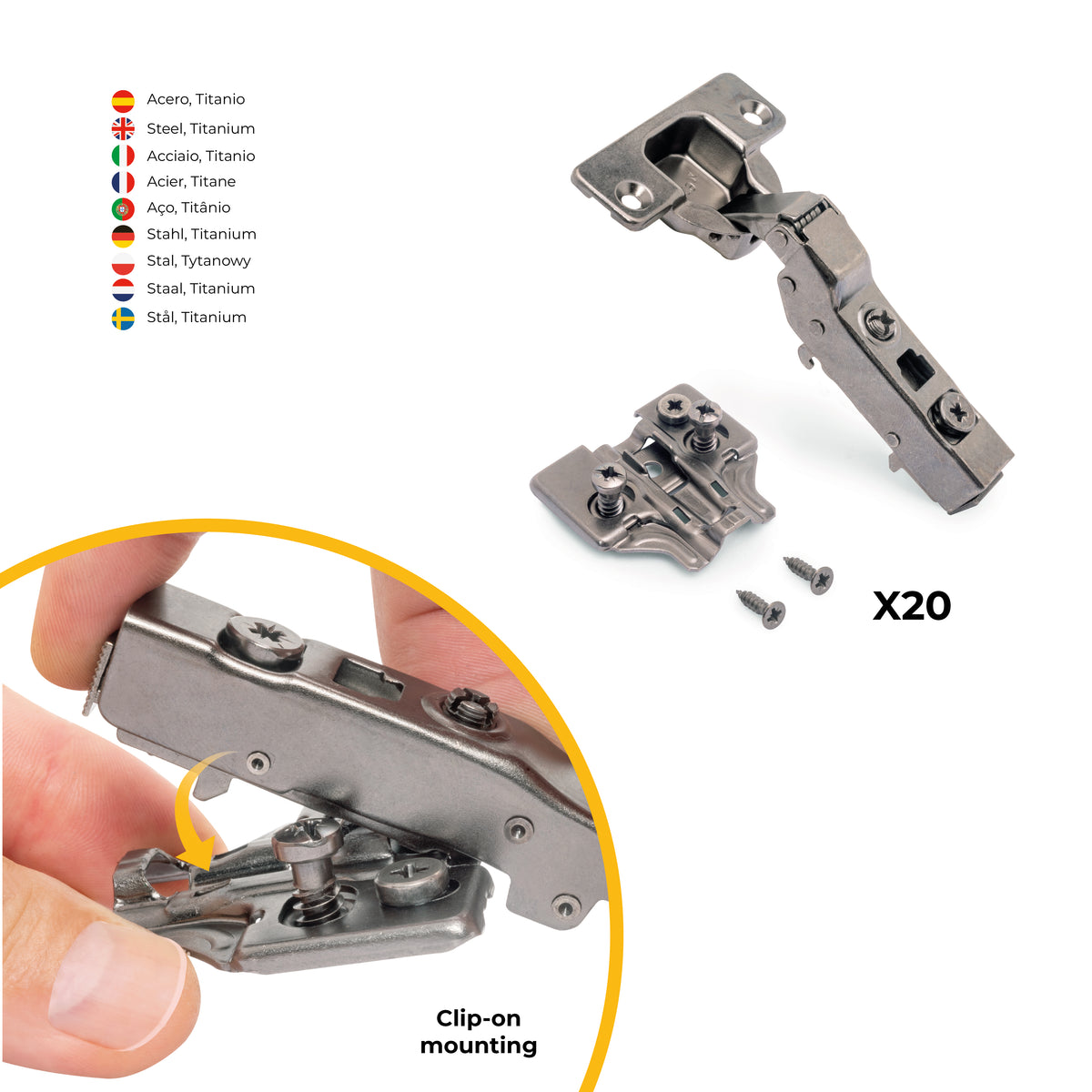 Kit cerniera mezzo collo X91 con chiusura ammortizzata, basette per vite