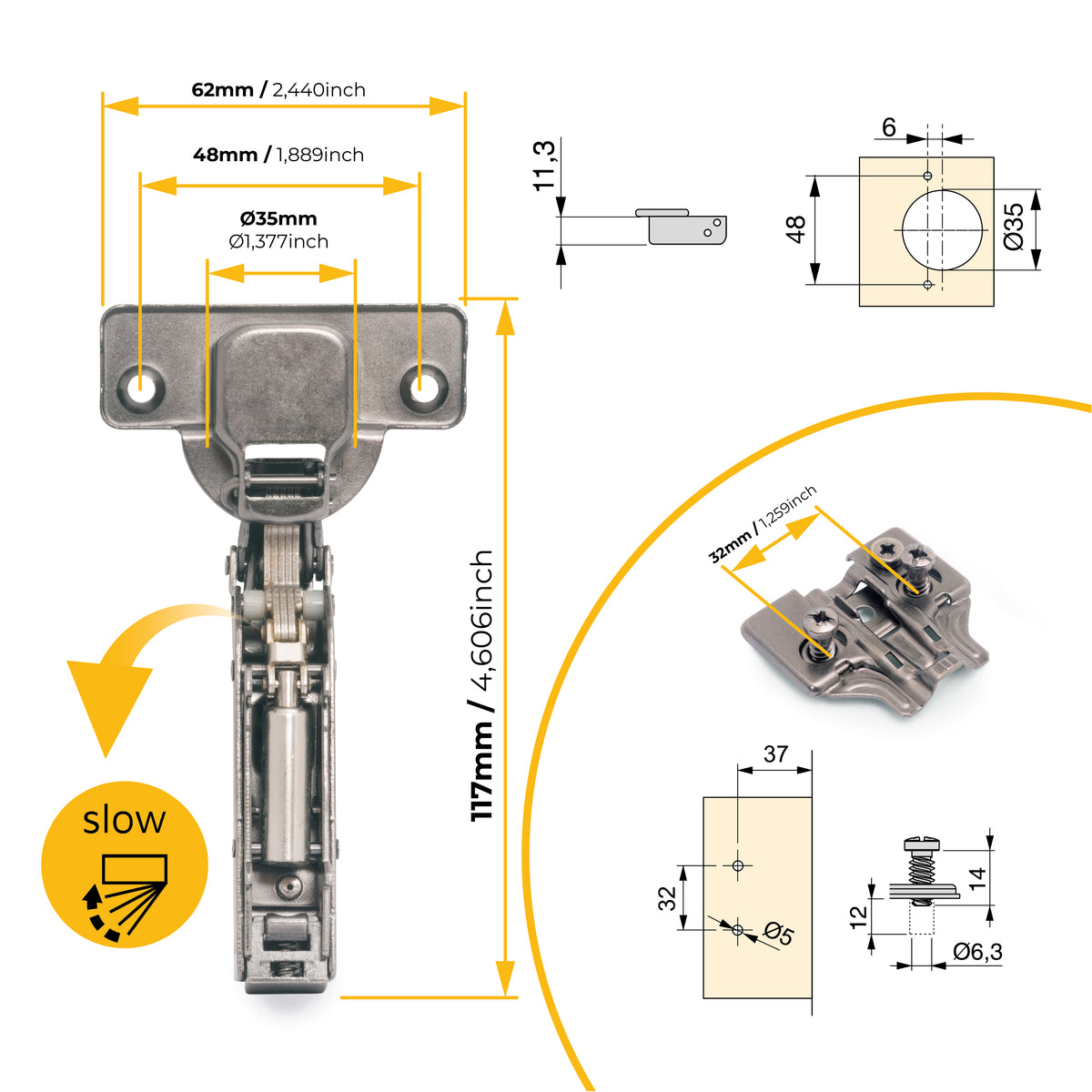 Kit cerniera mezzo collo X91 con chiusura ammortizzata, basette per vite