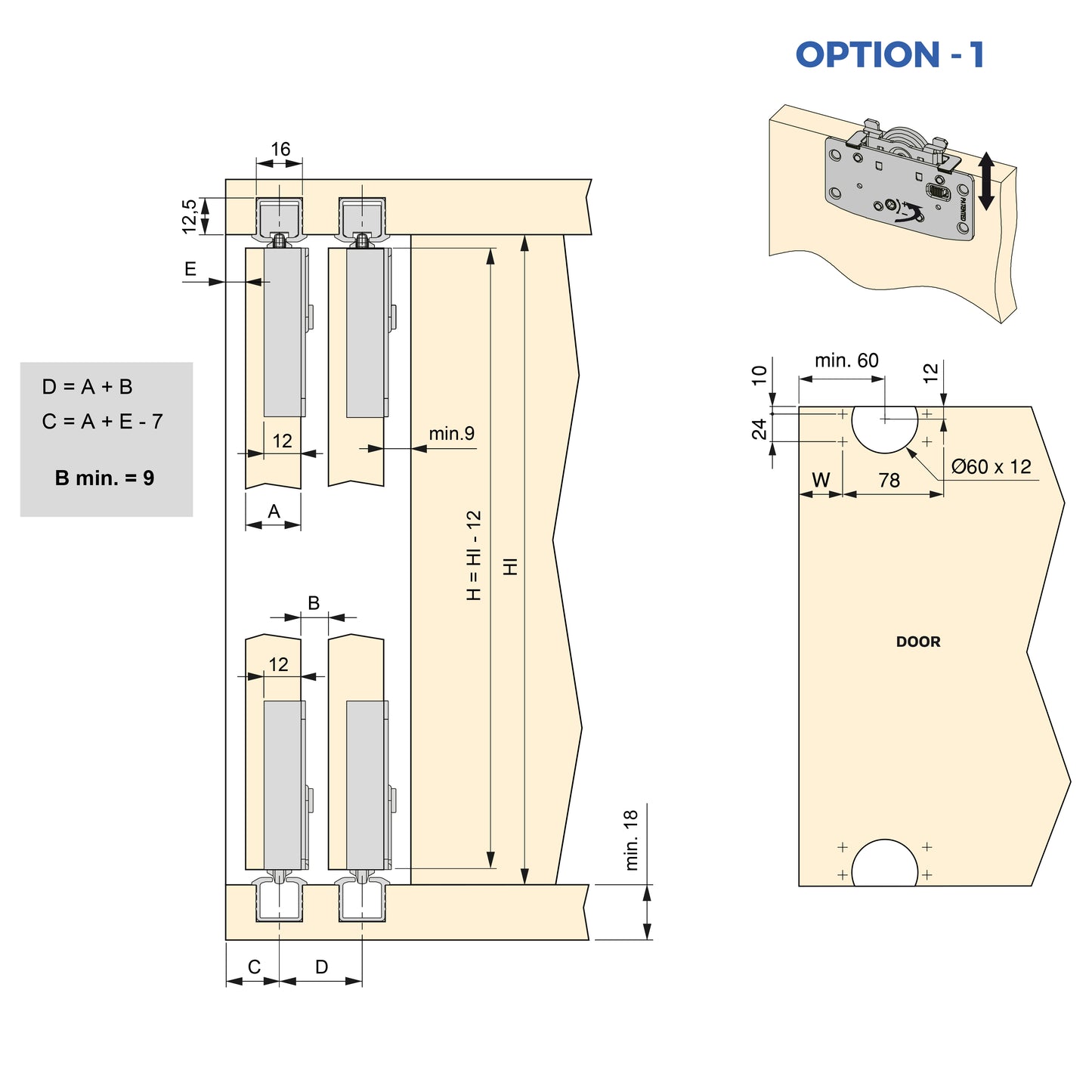 Sistema Flow 2 in formato kit per armadio a 2 ante scorrevoli in legno supportate con chiusura ammortizzata