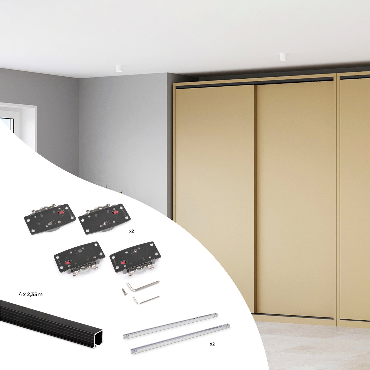 Sistema Flow 2 in formato kit per armadio a 2 ante scorrevoli in legno supportate con chiusura ammortizzata