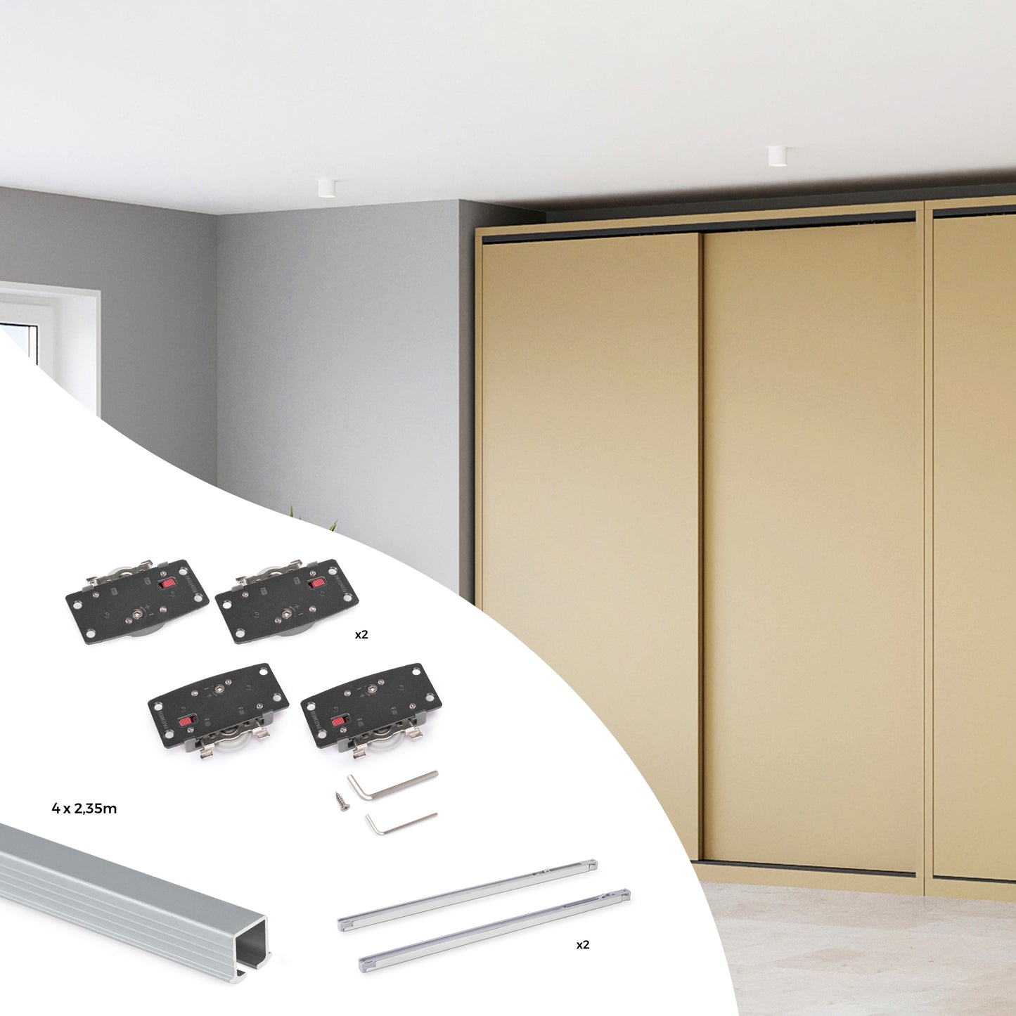 Sistema Flow 2 in formato kit per armadio a 2 ante scorrevoli in legno supportate con chiusura ammortizzata