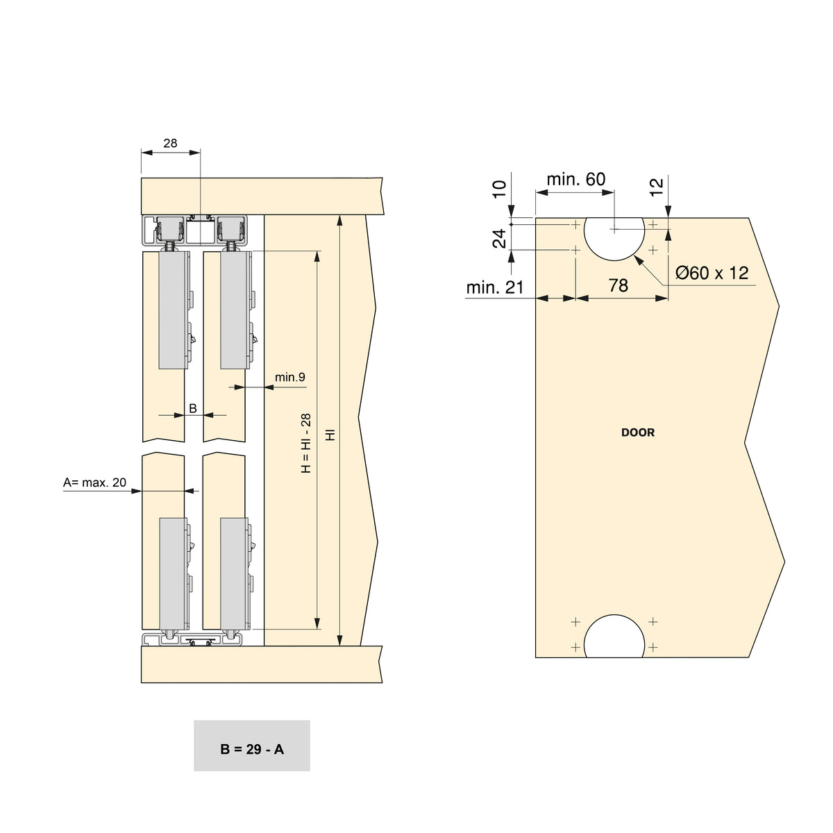 Sistema Flow 2 da superficie in kit per un armadio con 2 ante scorrevoli in legno supportate da chiusura ammortizzata