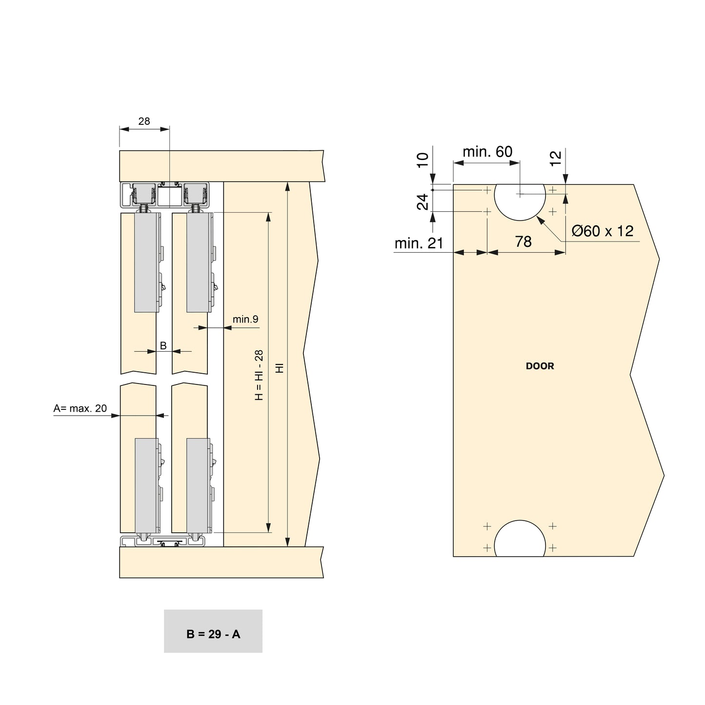 Sistema Flow 2 da superficie in kit per un armadio con 2 ante scorrevoli in legno supportate da chiusura ammortizzata