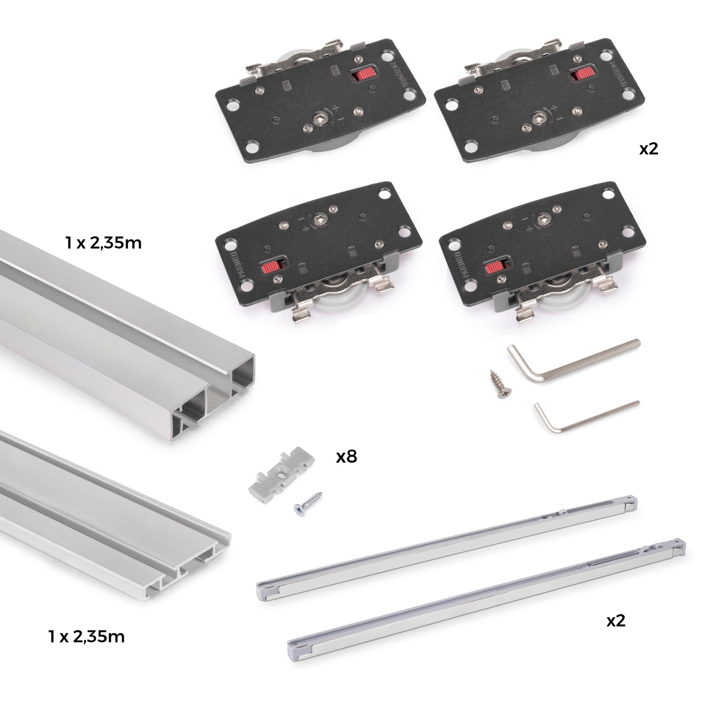Sistema Flow 2 da superficie in kit per un armadio con 2 ante scorrevoli in legno supportate da chiusura ammortizzata