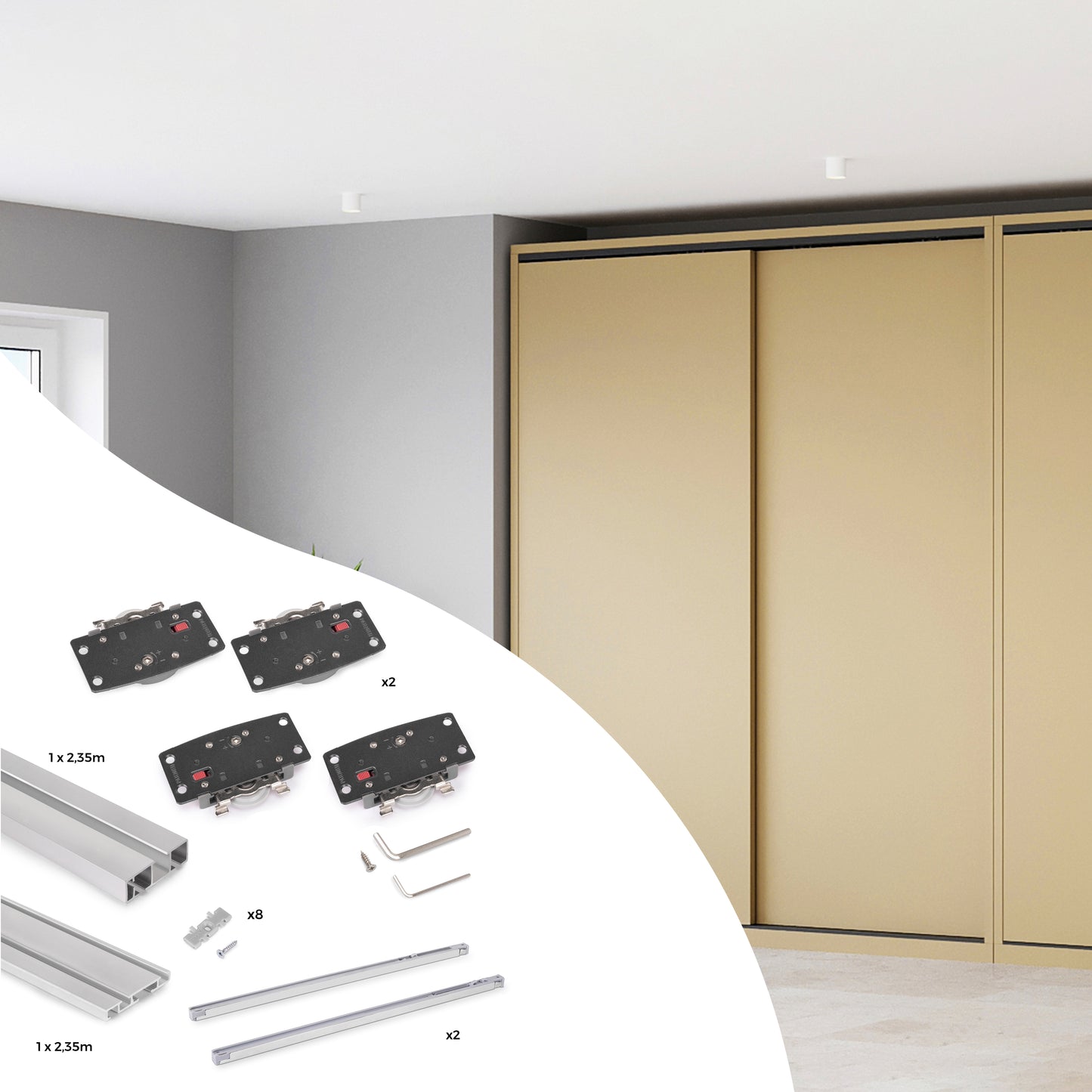 Sistema Flow 2 da superficie in kit per un armadio con 2 ante scorrevoli in legno supportate da chiusura ammortizzata