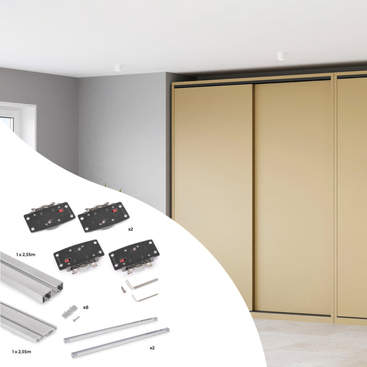 Sistema Flow 2 da superficie in kit per un armadio con 2 ante scorrevoli in legno supportate da chiusura ammortizzata