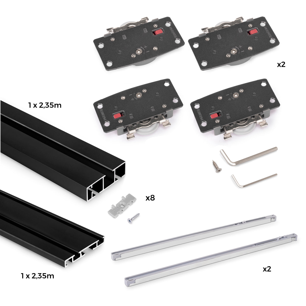 Sistema Flow 2 da superficie in kit per un armadio con 2 ante scorrevoli in legno supportate da chiusura ammortizzata