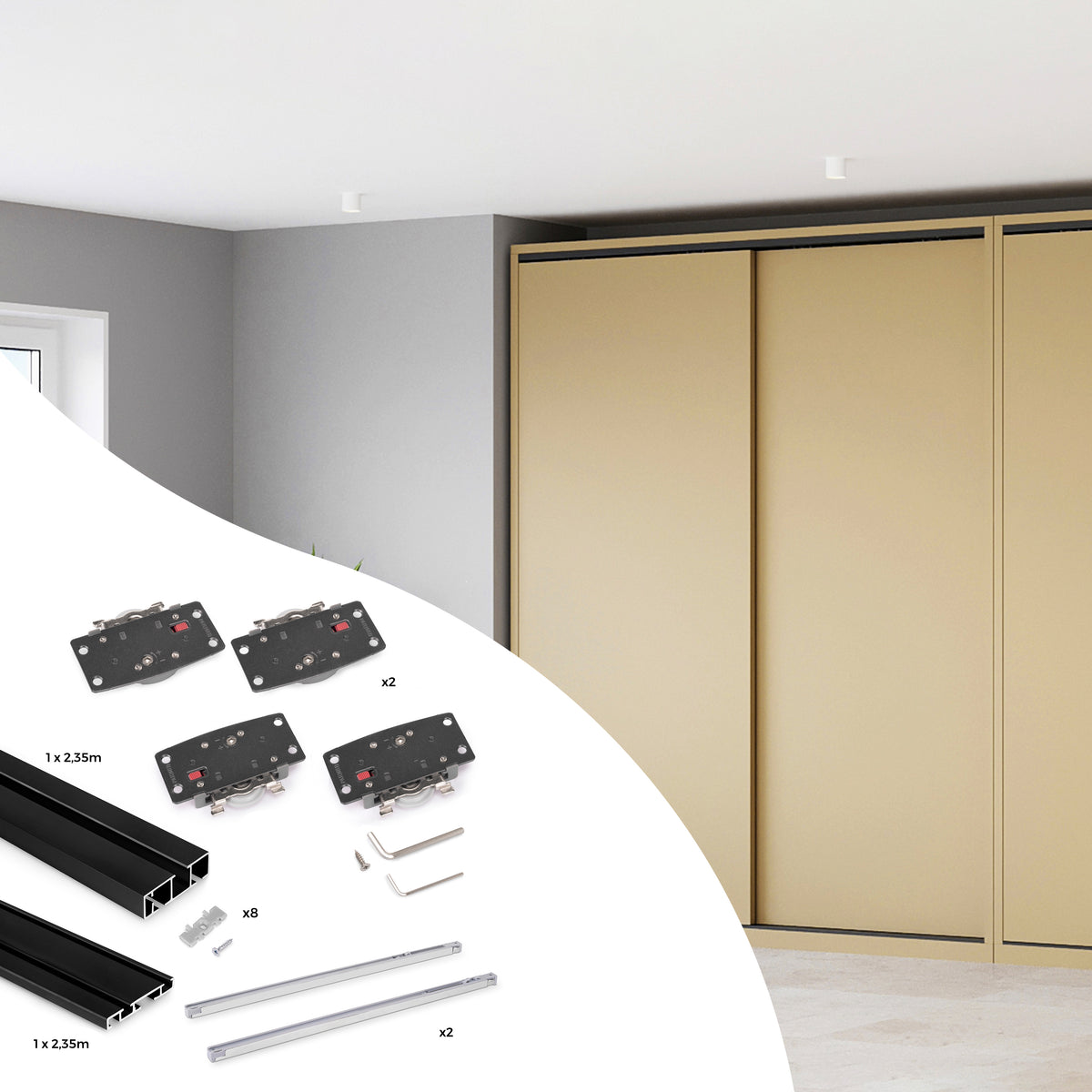Sistema Flow 2 da superficie in kit per un armadio con 2 ante scorrevoli in legno supportate da chiusura ammortizzata
