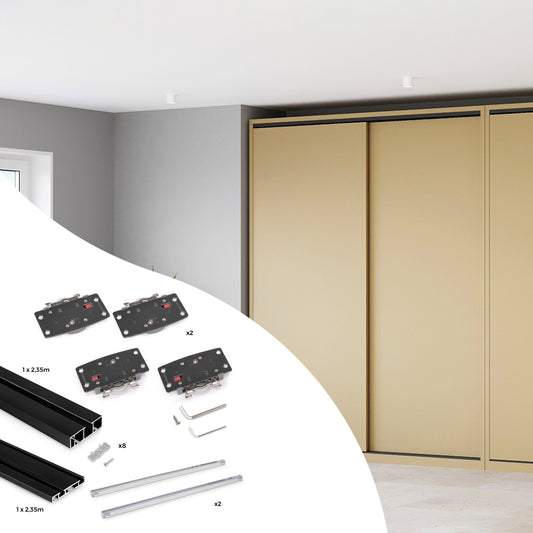Sistema Flow 2 da superficie in kit per un armadio con 2 ante scorrevoli in legno supportate da chiusura ammortizzata