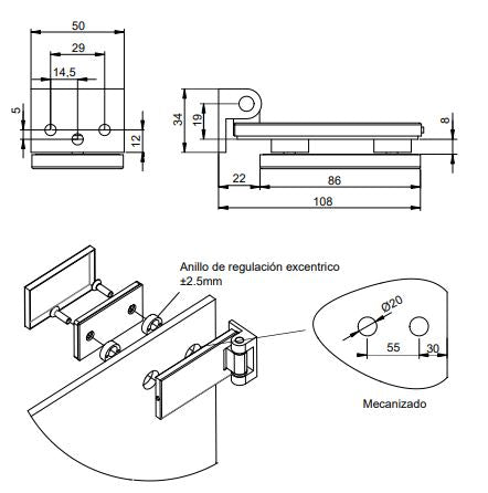 Cerniera per anta in vetro con forcella da 34 mm.