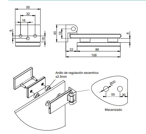 Cerniera per anta in vetro con forcella da 40mm