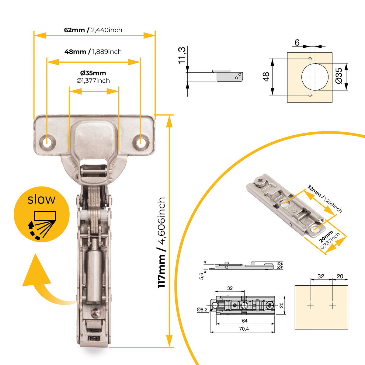 Kit cerniera collo dritto X91 con chiusura ammortizzata e basetta dritto
