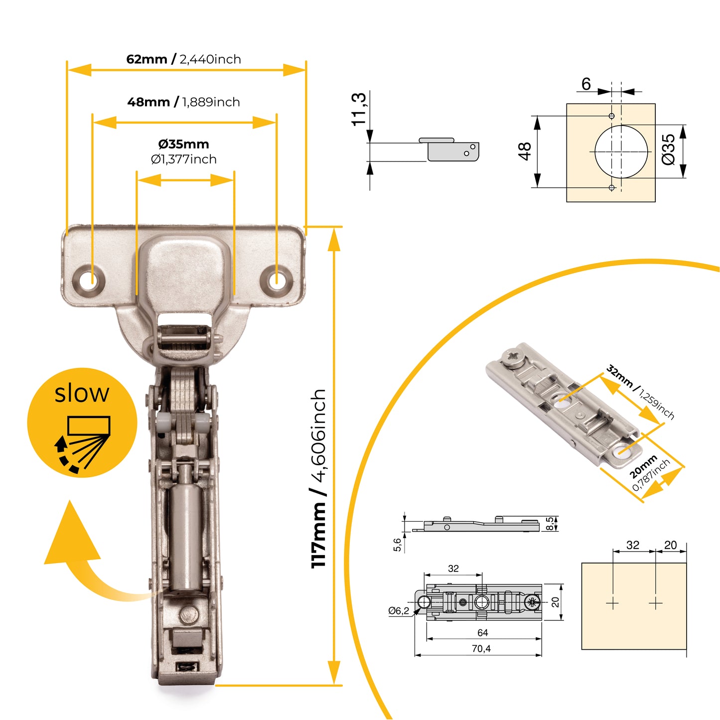 Kit cerniera mezzo collo X91 con chiusura ammortizzata e basetta dritto