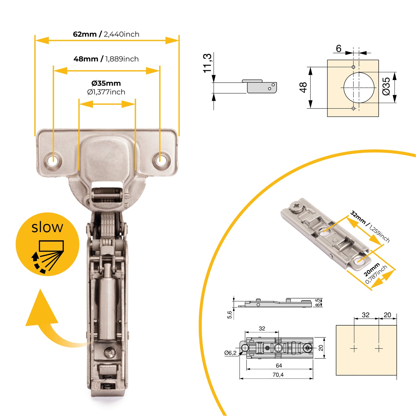 Kit cerniera collo alto X91 con chiusura ammortizzata e basetta dritto