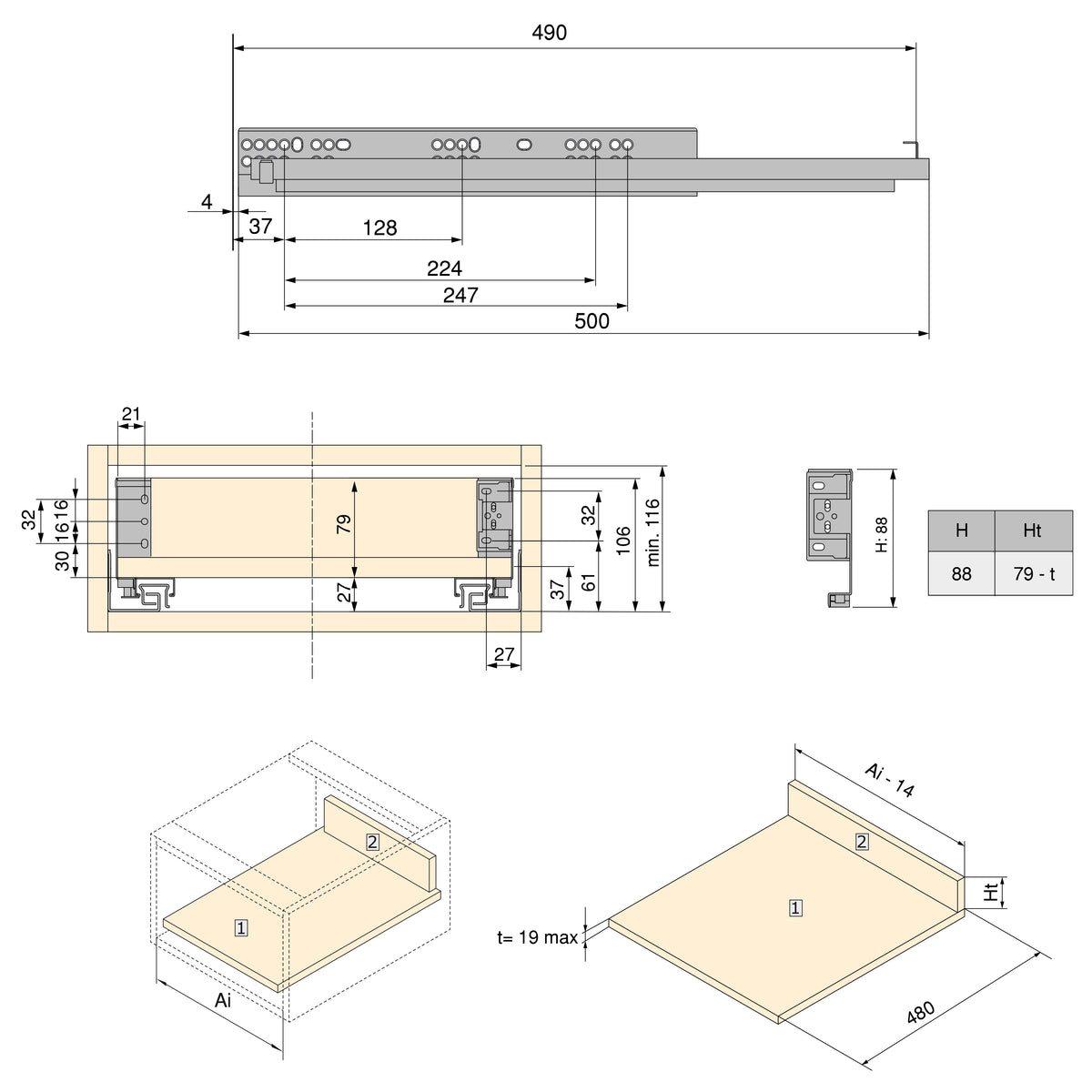 Cassetto esterno Simplex 25 kg altezza 88 mm