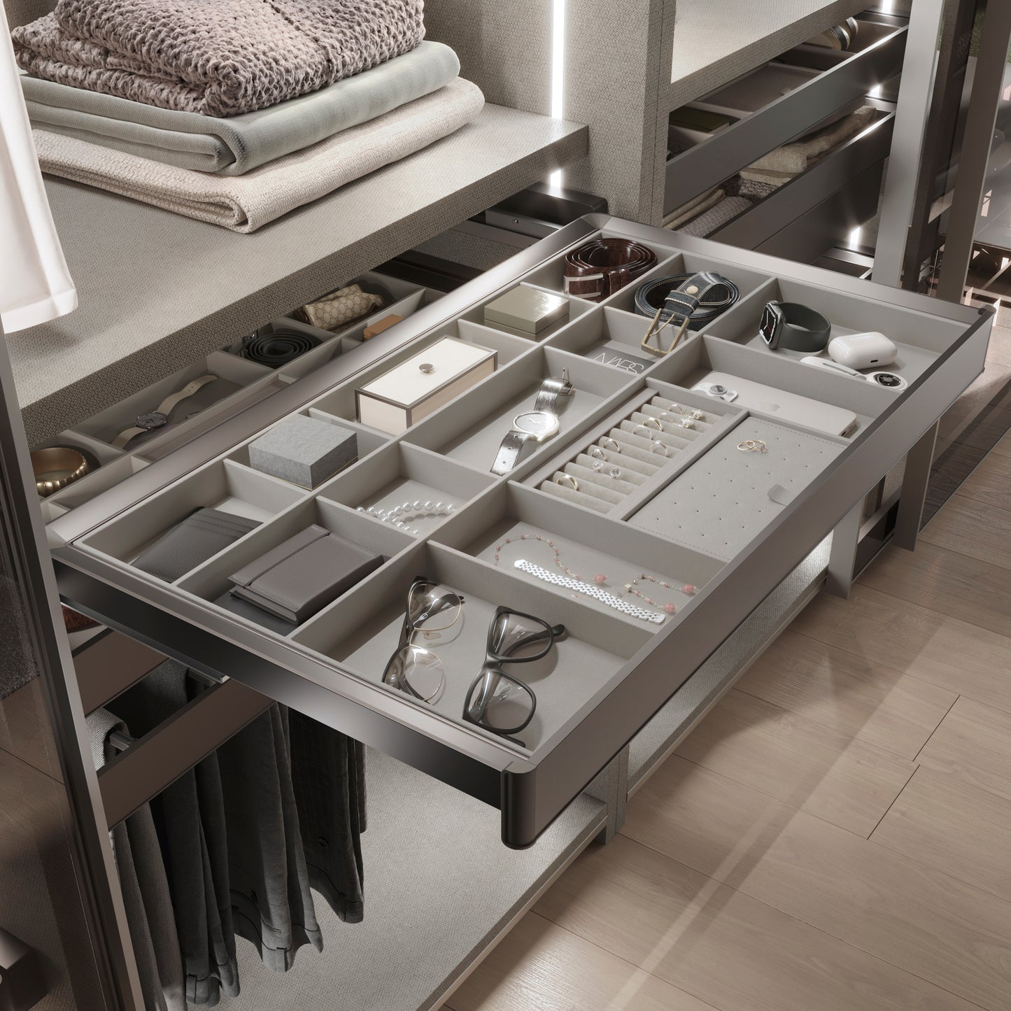 Kit cassetto organizzatore e telaio regolabile Quartz per armadi, chiusura ammortizzata e estrazione totale