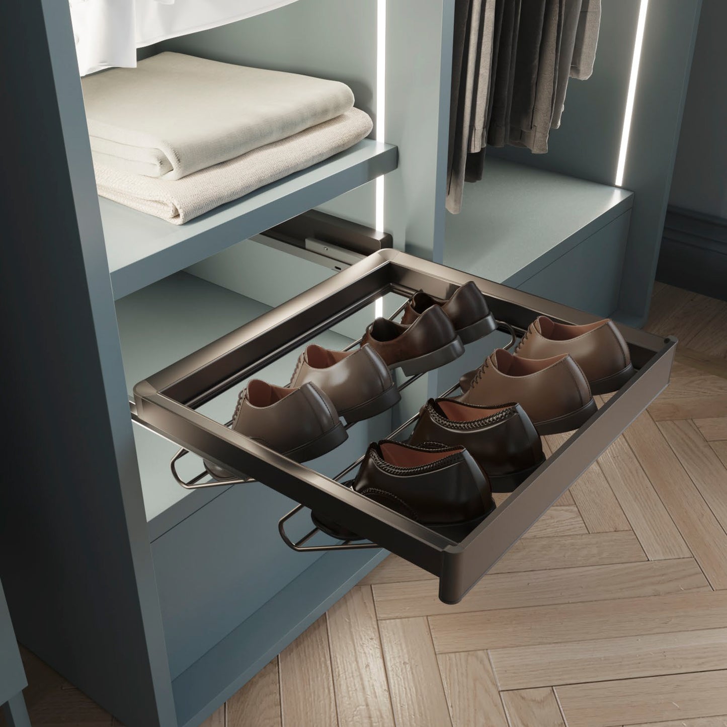 Kit cassetto portascarpe e telaio regolabile Quartz per armadi, chiusura ammortizzata e estrazione totale