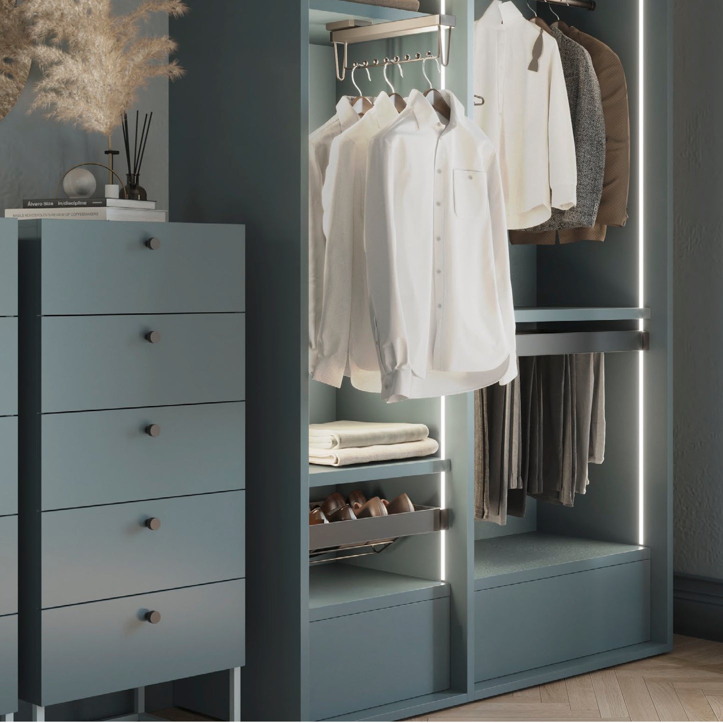 Kit cassetto portascarpe e telaio regolabile Quartz per armadi, chiusura ammortizzata e estrazione totale