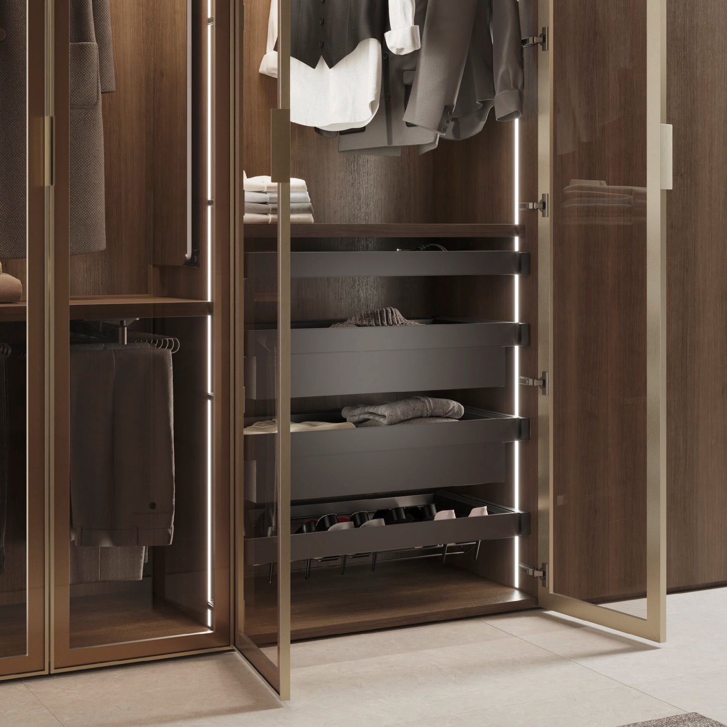 Kit cassetto metallico e telaio regolabile Quartz per armadi, chiusura ammortizzata e estrazione totale