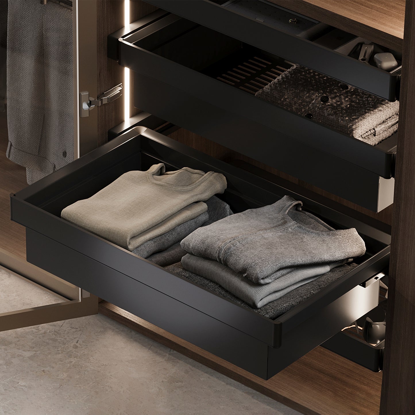 Kit cassetto metallico e telaio regolabile Quartz per armadi, chiusura ammortizzata e estrazione totale